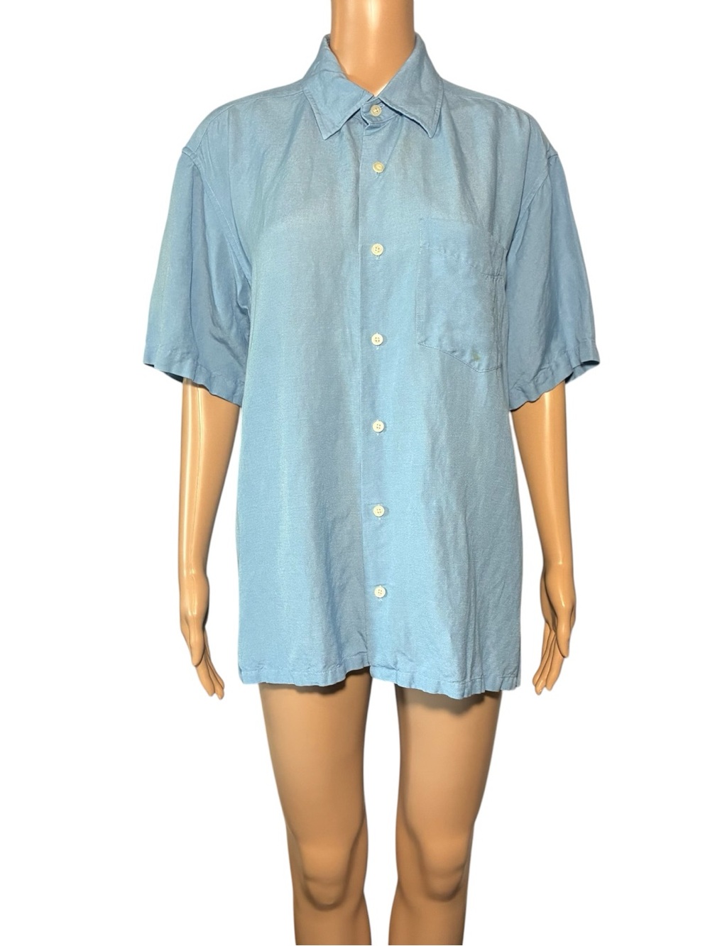 Nautica Men’s Shirt Size M Blue Button Down Linen Blend Short Sleeve Side Slits
